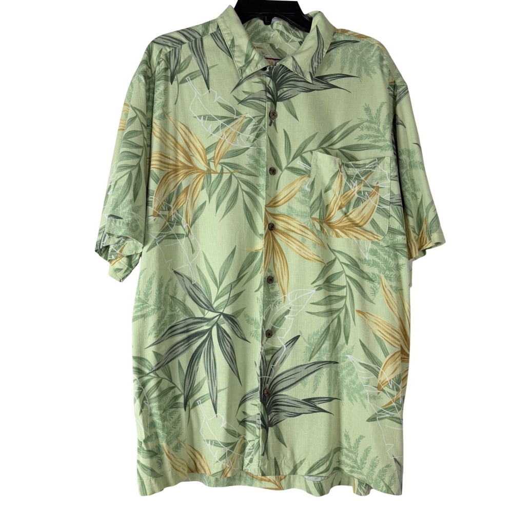 Caribbean Joe Men's Hawaiian Shirt XL Green Leaf Button Up Short Sleeve Tropical